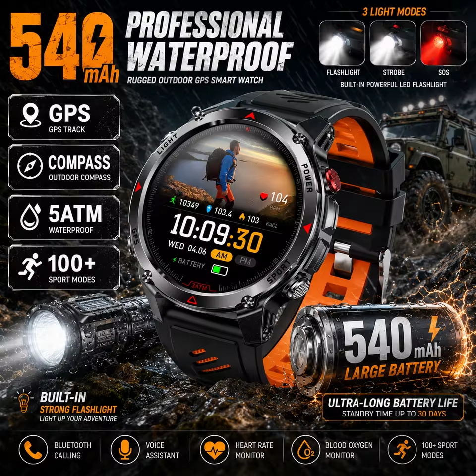Resistance Bands Set With Handles - Militaire 540mAh GPS Smart Watch 3ATM